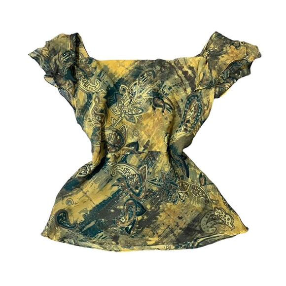 VTG Y2K Ice Yellow Multicolor Paisley Pattern Flutter Sleeve Cowl Neck Top M - Picture 1 of 5